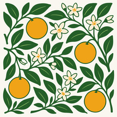 Citrus Branches Background Illustration, Modern Flat Botanical Design With Leaves And Blossoms, Clean Minimal Style