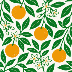 Citrus Branches Background Illustration, Modern Flat Botanical Design With Leaves And Blossoms, Clean Minimal Style