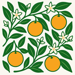 Citrus Branches Background Illustration, Modern Flat Botanical Design With Leaves And Blossoms, Clean Minimal Style