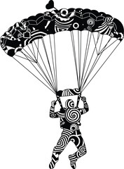 Abstract skydiver silhouette with parachute, black and white tribal pattern, vector art for creative design