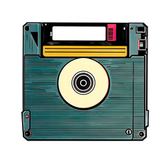 An old diskette on a white background, isolated, with a comic-style illustration.