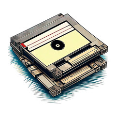 Old floppy disks on a white background, isolated, comic-style illustration.