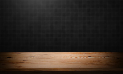 empty room with blackboard, empty room with wooden wall,Wooden Table on Dark Brick Wall Background