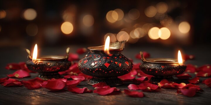 The elegant candles with rose petals create a serene festive ambiance.