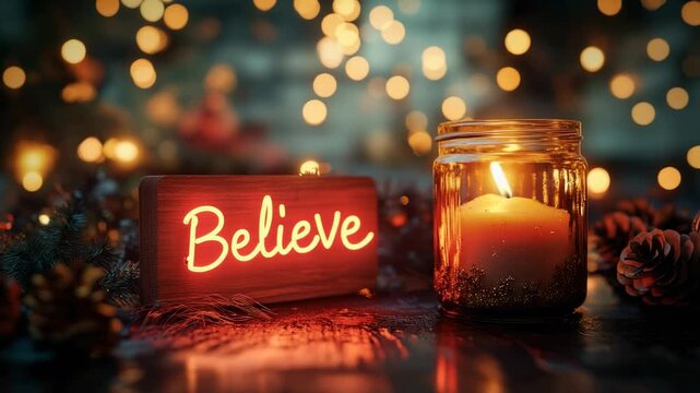 Glowing candle in glass jar with holiday lights and wooden sign believe on table with Christmas decor