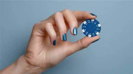 A female hand with expensive manicure holding a blue poker chip with two fingers