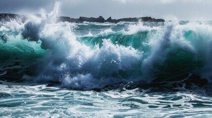 Naklejka premium Spectacular Seaview: Surging Azure Ocean Waves with White Foam & Water Splashes Under Clear Blue Sky—A Dynamic, Majestic Natural Scene of Sunlight, Fresh Sea Breeze & Vast Tranquility for Healing Vaca