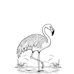 A detailed black and white line art illustration of a flamingo standing on one leg in shallow water.