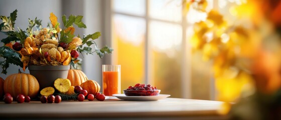Autumn harvest table setting with seasonal decorations