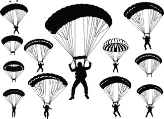 Silhouette of parachutists skydiving with parachutes, extreme sport activity, adventure jump, sky background, free fall illustration
