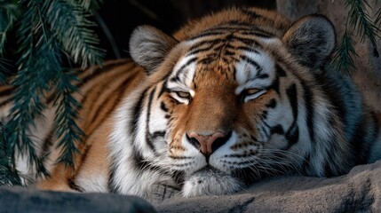 Fototapeta premium Portrait of a Relaxing Bengal Tiger Resting Peacefully in Natural Habitat