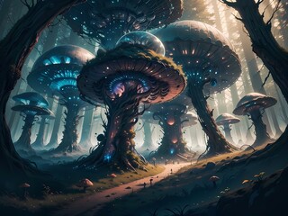 Dark enchanted forest with glowing mushrooms and mist