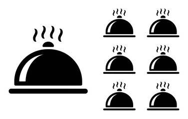 Black Icons of Hot Food Cloches with Steam on White Background