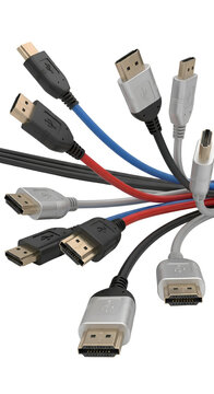 Explore Different Cable Connectors: HDMI, DisplayPort, Mini DisplayPort, and USB-C with Transparent Background