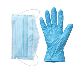Light-blue disposable face mask and pair of gloves