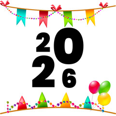 2026 confetti number isolated, New Year party colorful logo