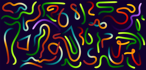 Colorful abstract lines create a vibrant and playful pattern against a dark background. Colorful doodles background