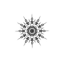 Black and white radial pattern with intricate floral and dot elements.