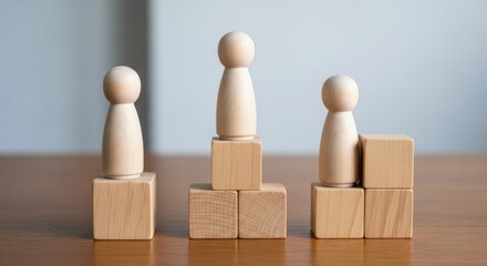 Three wooden peg figures stand on stacked wooden blocks, representing different levels of achievement or hierarchy