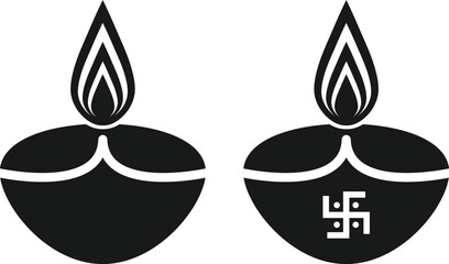 Twin Diya Vector with Swastika – Black and White Diwali Symbol Silhouette