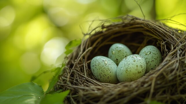 Ultra-detailed close-up of bird eggs in a nest, dewdrops glistening on the shells, shallow depth of field blurring the lush green background, serene and untouched nature
