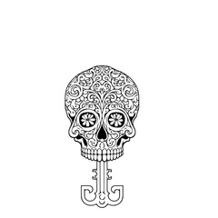 Ornate sugar skull design with decorative floral patterns and a key.
