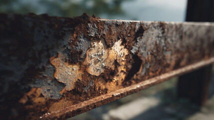Fototapeta premium A close up view of a rusted metal beam with peeling paint and visible corrosion on its surface