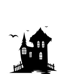 Silhouette of a spooky haunted house with bats flying around it on a white background.