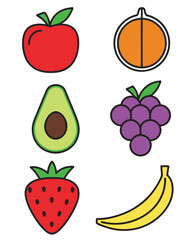 Colorful Cartoon Fruit Medley Featuring Apple, Orange, Avocado, Grapes, Strawberry, and Banana Illustrations Displayed on a White Background