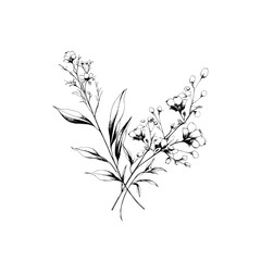 Detailed black and white illustration of a delicate floral arrangement with leaves and buds.