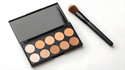 Professional Matte Finish Concealer Palette Mockup – Blank Cosmetic Packaging with Makeup Brush, Realistic Beauty Product Design Template for Branding and Presentation