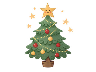 Cute Mini Christmas Tree with Golden Star Topper Red and Gold Ornaments Green Foliage Wooden Pot Small Stars isolated on a transparent background