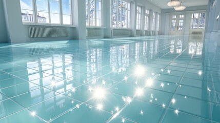 Bright interior view pale blue tile floor reflects light from large windows with a winter landscape beyond