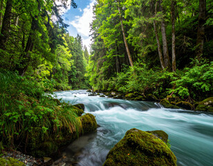 Obraz premium Lush Green Forest with Fast Flowing River Long Exposure Landscape