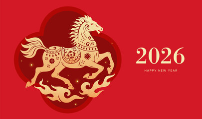 Red horizontal version of the Year of the Horse blessing illustration Happy New Year 2026