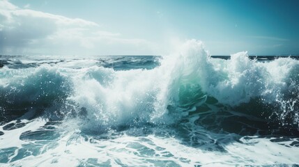 Naklejka premium Spectacular Seaview: Surging Azure Ocean Waves with White Foam & Water Splashes Under Clear Blue Sky—A Dynamic, Majestic Natural Scene of Sunlight, Fresh Sea Breeze & Vast Tranquility for Healing Vaca
