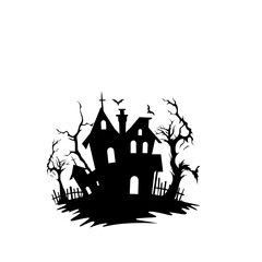 Silhouette of a spooky haunted house with trees and bats.