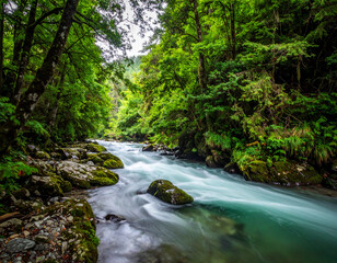 Obraz premium Tranquil Motion of River Flowing Through Lush Green Forest Landscape