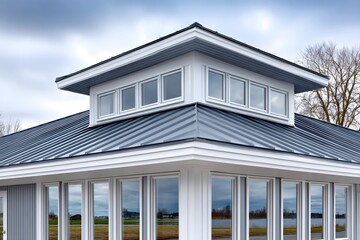Fototapeta premium Modern metal roof with dormer windows enhancing building's architecture