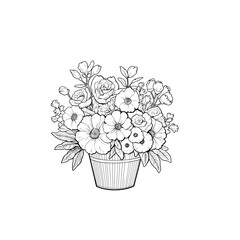 Line drawing of a flower bouquet in a rustic bucket.