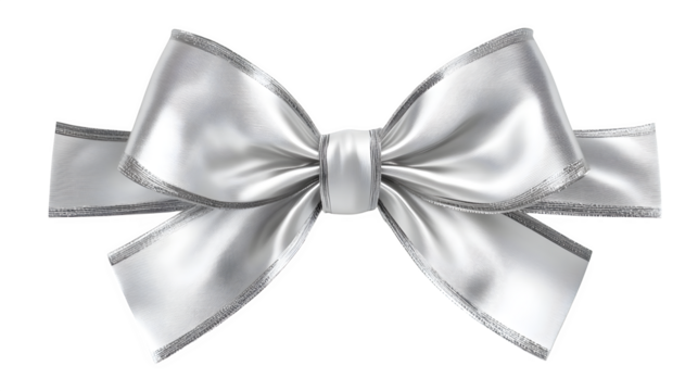 HD realistic white silver ribbon bow present gift decoration isolated on white or white png - Powered by Adobe