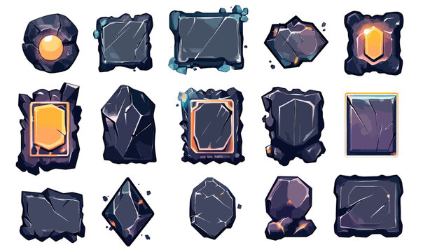 Set of stone game user interface elements with minimalist fantasy style tablets buttons frames and rocky textures for magical menu design