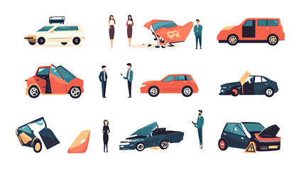 Vector set of different car crash accident scenes with damaged vehicles broken windshields people standing discussing road safety concepts flat cartoon illustration
