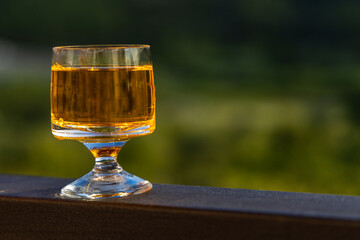 Glasses with traditional Croatian alcohol, golden rakija, honey vodka, liqueur in a glass Rab