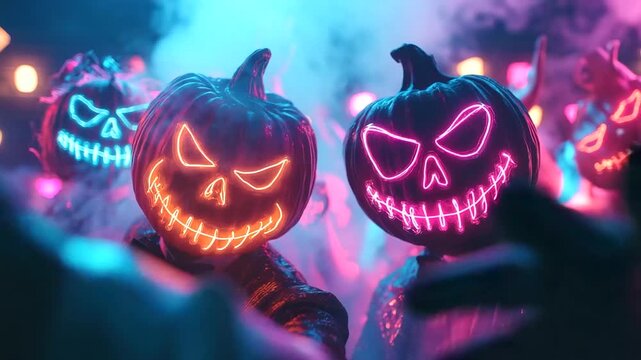 Halloween party with friends in costumes dancing with neon lights and smoke ai