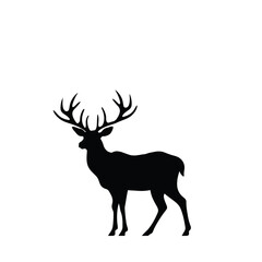 A silhouette of a majestic stag with large antlers standing against a white background.