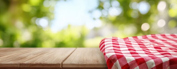 Obraz premium The Wooden Table with Red and White Checkered Cloth in Sunlit Outdoor Setting