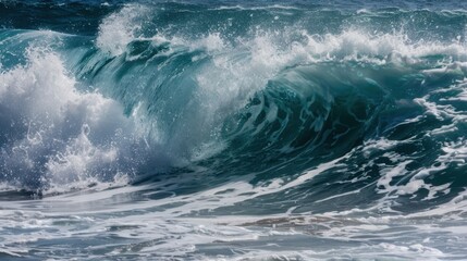 Naklejka premium Spectacular Seaview: Surging Azure Ocean Waves with White Foam & Water Splashes Under Clear Blue Sky—A Dynamic, Majestic Natural Scene of Sunlight, Fresh Sea Breeze & Vast Tranquility for Healing Vaca