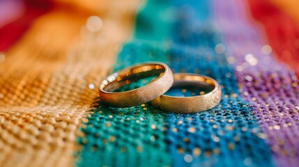 Gold wedding rings on lgbt flag  a symbol of love and marriage equality for all couples