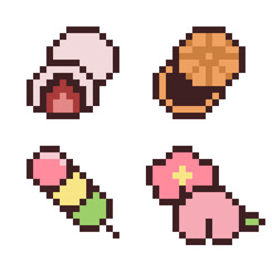 Cute Pixel Art Traditional Japanese Sweets – Strawberry Mochi, Monaka, Dango, and Wagashi Desserts